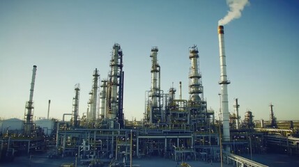 Fototapeta premium Large industrial oil refinery with complex pipework, distillation towers, and storage tanks under clear sky