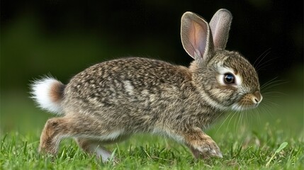 Fototapeta premium A brown wild rabbit is seen running across green grass