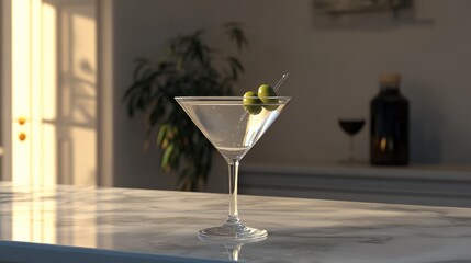 Realistic martini glass with a clear cocktail and two green olives on a pick, placed on a marble bar counter with soft lighting