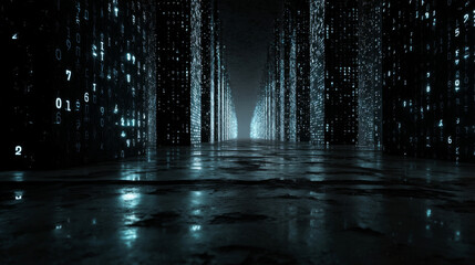 Mesmerizing corridor filled with glowing symbols and floating numbers creates futuristic atmosphere, evoking sense of wonder and exploration in digital realm