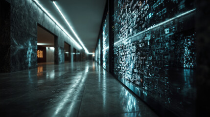 Futuristic corridor featuring glowing digital symbols and sleek, reflective floor creates immersive atmosphere. walls are adorned with intricate patterns, enhancing modern aesthetic