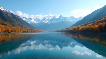 Fototapeta premium Scenic Autumn Landscape with Mountain Range, Lake Reflection and Fall Foliage