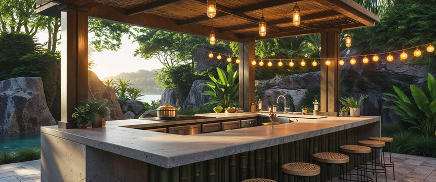 Luxury outdoor kitchen with bar seating tropical setting illuminated by sunset lights