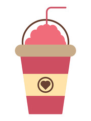 Frappe cream icon. Plastic cup on heart symbol with lid and straw. Flat illustration of frappe vector, icon for web design. Cold drink icon, vector illustration.
