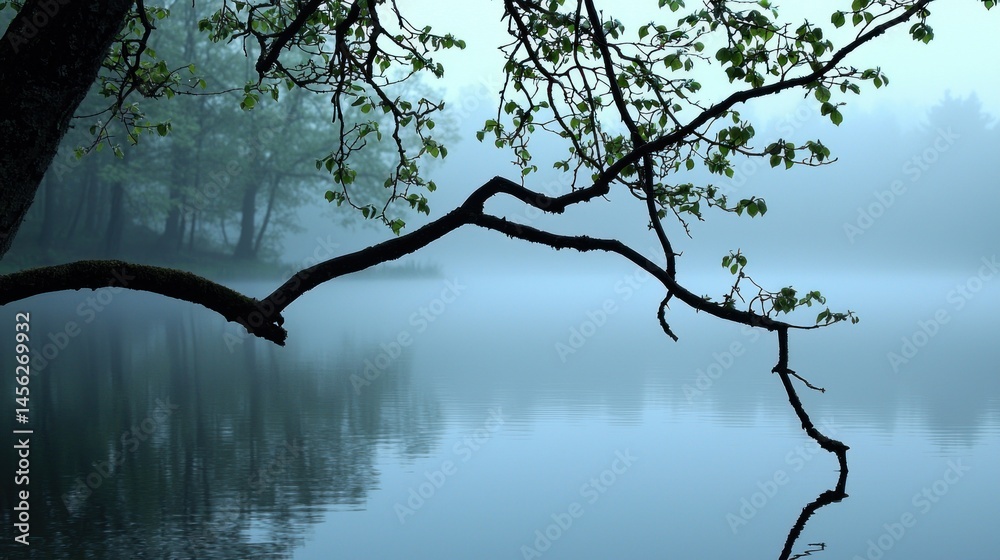 Poster a tree branch extends over a misty lake reflecting on the water