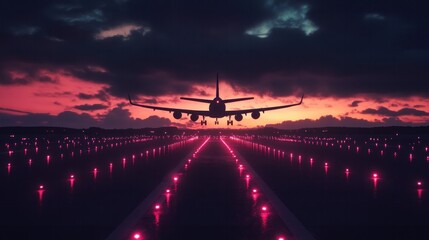 Runway lights at dusk with airplane silhouette taking off in the background, cinematic atmosphere 