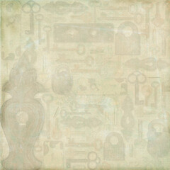 Obraz premium Vintage beige abstract background with faint key and lock silhouettes and aged paper texture. Subtle nostalgic design ideal for mystery themes, scrapbooking, and classic backdrops.