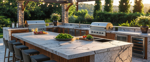 Luxury outdoor kitchen with marble countertops and stainless steel grill setup for entertaining