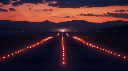 Runway lights at dusk with airplane silhouette taking off in the background, cinematic atmosphere 