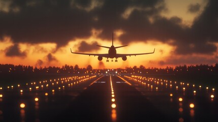 Runway lights at dusk with airplane silhouette taking off in the background, cinematic atmosphere 