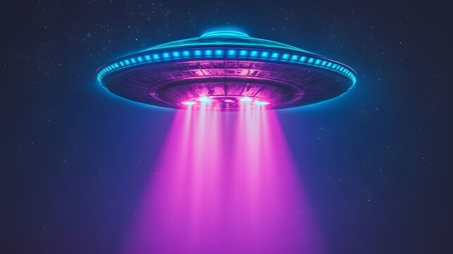 Futuristic flying saucer emitting vibrant beams of light.