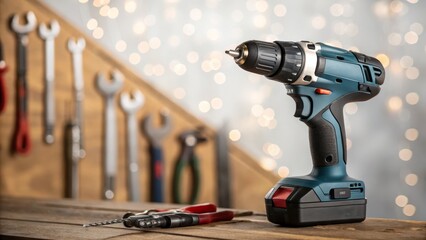 Cordless Drill with Tool Wall Background, Close-up, Workshop, Power Tool Power tools, DIY