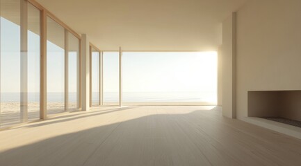 Empty sunlit modern living room with ocean view
