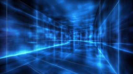 Fototapeta premium Energetic data stream illuminated deep blue data cyberspace tunnel with lines, connected dots, digital information and artificial intelligence