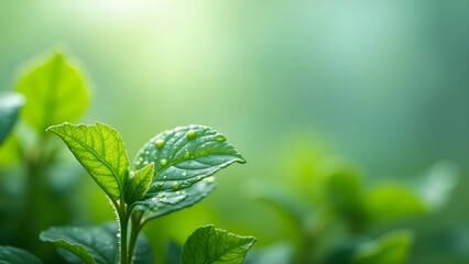 Fresh green leaves with water droplets in a lush natural setting. Macro shot.