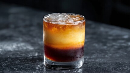 Side view of a gradient iced Americano showing espresso floating on top of cold water and ice 