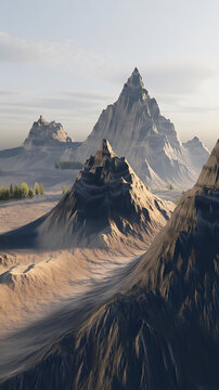 Vast mountain range, dramatic peaks, serene landscape.