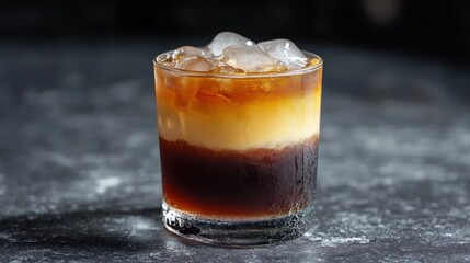 Side view of a gradient iced Americano showing espresso floating on top of cold water and ice 
