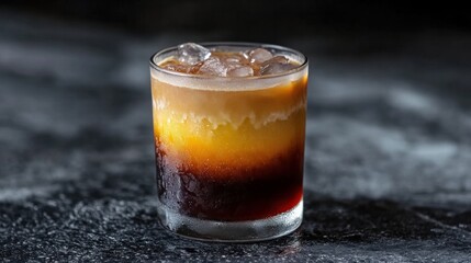 Side view of a gradient iced Americano showing espresso floating on top of cold water and ice 