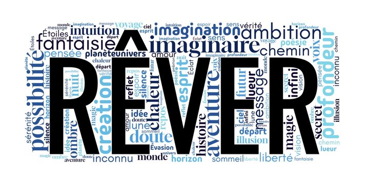 Nuage de mots centr&eacute; sur "R&ecirc;ver", avec des termes li&eacute;s &agrave; l&rsquo;imaginaire, l&rsquo;&eacute;vasion, la po&eacute;sie et les aspirations. Parfait pour les th&egrave;mes de cr&eacute;ativit&eacute;, de sommeil ou de d&eacute;veloppement personnel