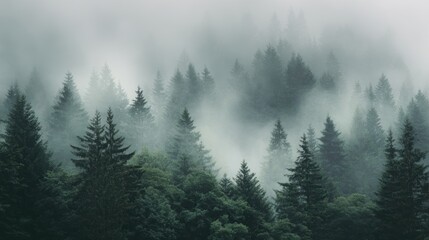 Fototapeta premium Mysterious fog envelops a tranquil forest, creating a serene backdrop for reflection and inspiration