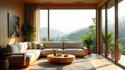 Fototapeta premium Sun-Drenched Living Room with Scenic Views: Modern Interior Design with Comfortable Sofa and Indoor Plants