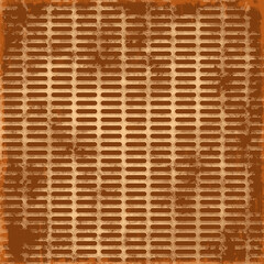 Brown abstract background with repeating geometric grid texture and distressed grunge edges. Rustic industrial pattern ideal for packaging, posters, and vintage-inspired designs.