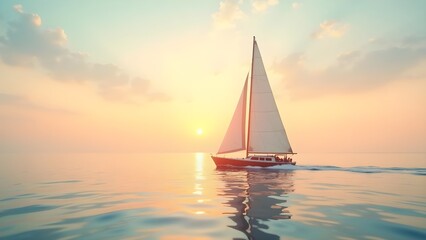 Sailboat glides across ocean water at sunset, casting a tranquil reflection of the sky and sun. 