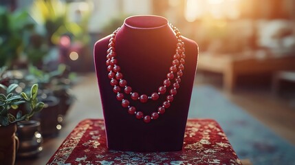 An elegant red beaded necklace presented on a velvet bust, perfect for fashion and luxury.