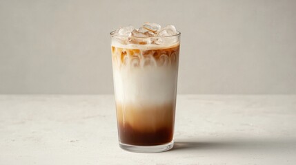 Side view of a gradient iced Americano showing espresso floating on top of cold water and ice 