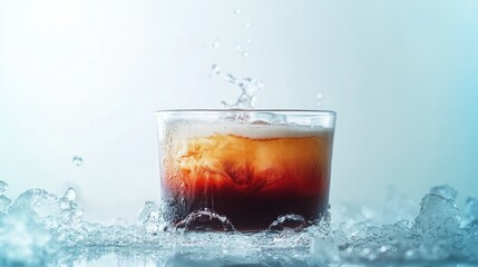 Side view of a gradient iced Americano showing espresso floating on top of cold water and ice 