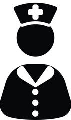 Black vector icon of nurse avatar used in healthcare, hospital, and medical-related designs.