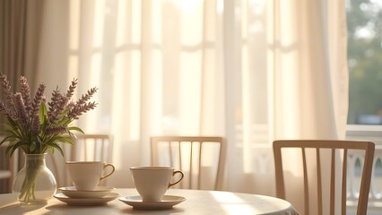 Fototapeta premium Elegant teatime setting with lavender bouquet in sunlit room, cozy furniture, a peaceful, and decorative arrangement