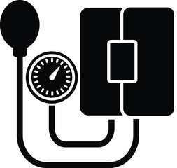 Black vector icon of blood pressure monitor used in healthcare, hospital, and medical-related designs.