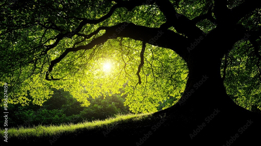 Poster silhouette of a tree with sunlight shining through the leaves