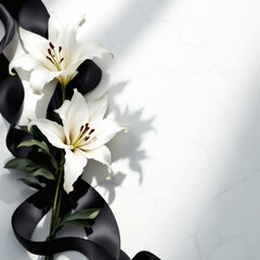 Elegant White Lily Bouquet with Black Funeral Ribbon on Luxurious White Background – Sympathy, Memorial, Condolence Floral Arrangement with Copy Space