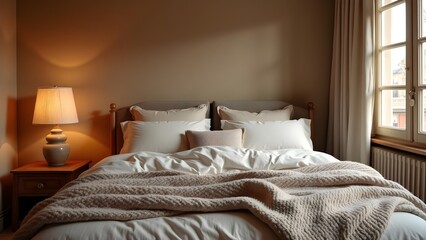 Cozy Bedroom with Natural Light: Bed, Pillows, Lamp, Window, and Beige Interior Design