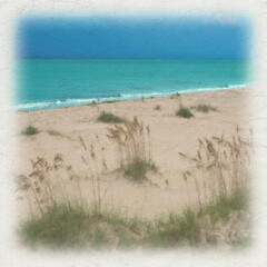 Soft textured beach scene with sand dunes, grasses, and turquoise ocean under a bright horizon. Vintage coastal background ideal for travel themes, summer designs, and creative projects.