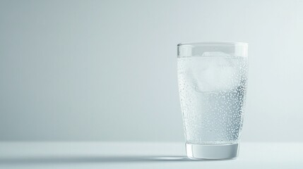 Tall clear glass filled with iced Americano, condensation on the glass, against a plain white background