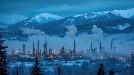 Fototapeta premium Overview of refinery processing units and vapor towers framed by mountain backdrop