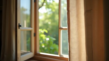 Obraz premium Open Window with Curtain and View of Garden in Home Interior