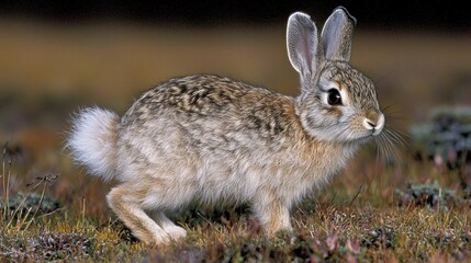 Fototapeta premium A cute rabbit with long ears standing in grassy field