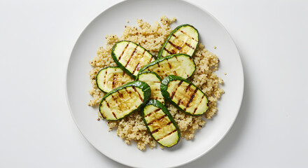 Grilled Zucchini Slices Served Over Quinoa Dish on White Plate