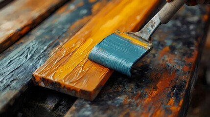 A paintbrush applies blue paint over a wooden surface already painted orange.
