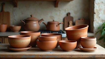 Rustic Kitchen Still Life with Earthenware Dishes and Pottery