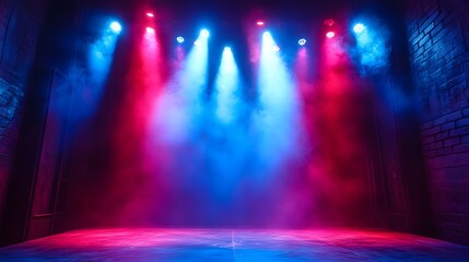 Naklejka premium Illuminated Stage with Colorful Red and Blue Lighting Effects in misty Atmosphere