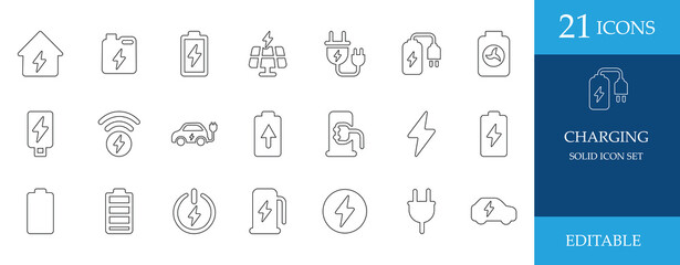 Charging icon set featuring battery, EV car, power plug, solar panel, fuel, and electricity symbols. Minimal, editable, black outline style, perfect for energy, electric, and tech designs