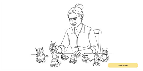 office worker playing toy robots continuous single line art drawing sketch on white background
