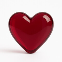 Glossy transparent glass heart in deep red, on a white background. Minimalist, elegant, high-resolution 3D render with soft highlights. Valentine's Day designs, romantic greeting cards, love 