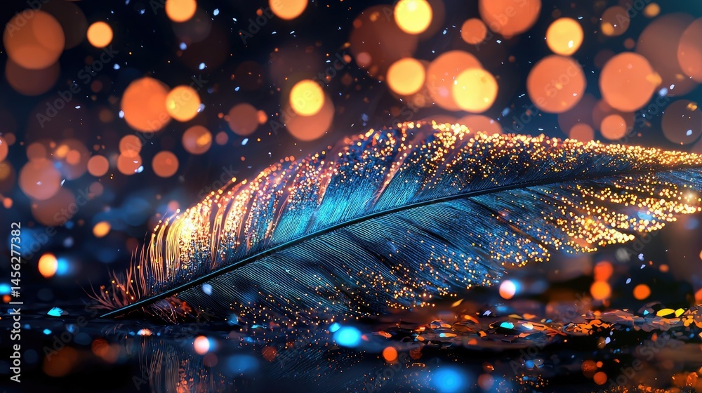 Poster A luminous feather with glowing particles and beautiful bokeh